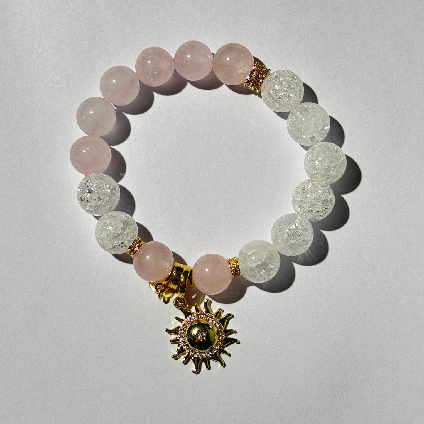 Rose Quartz & Crackle Crystal Sun Charm Bracelet – Love & Energy Healing Jewelry