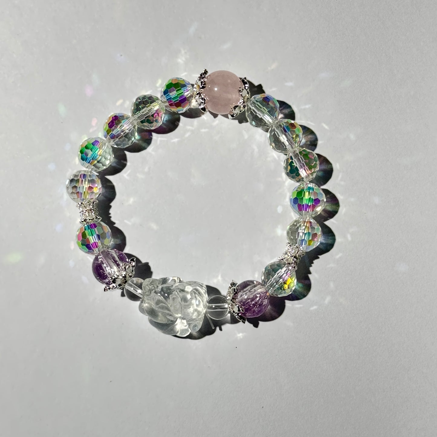 Rose Quartz & Clear Crystal Energy Bracelet with Floral Charm – Love & Clarity Healing Jewelry