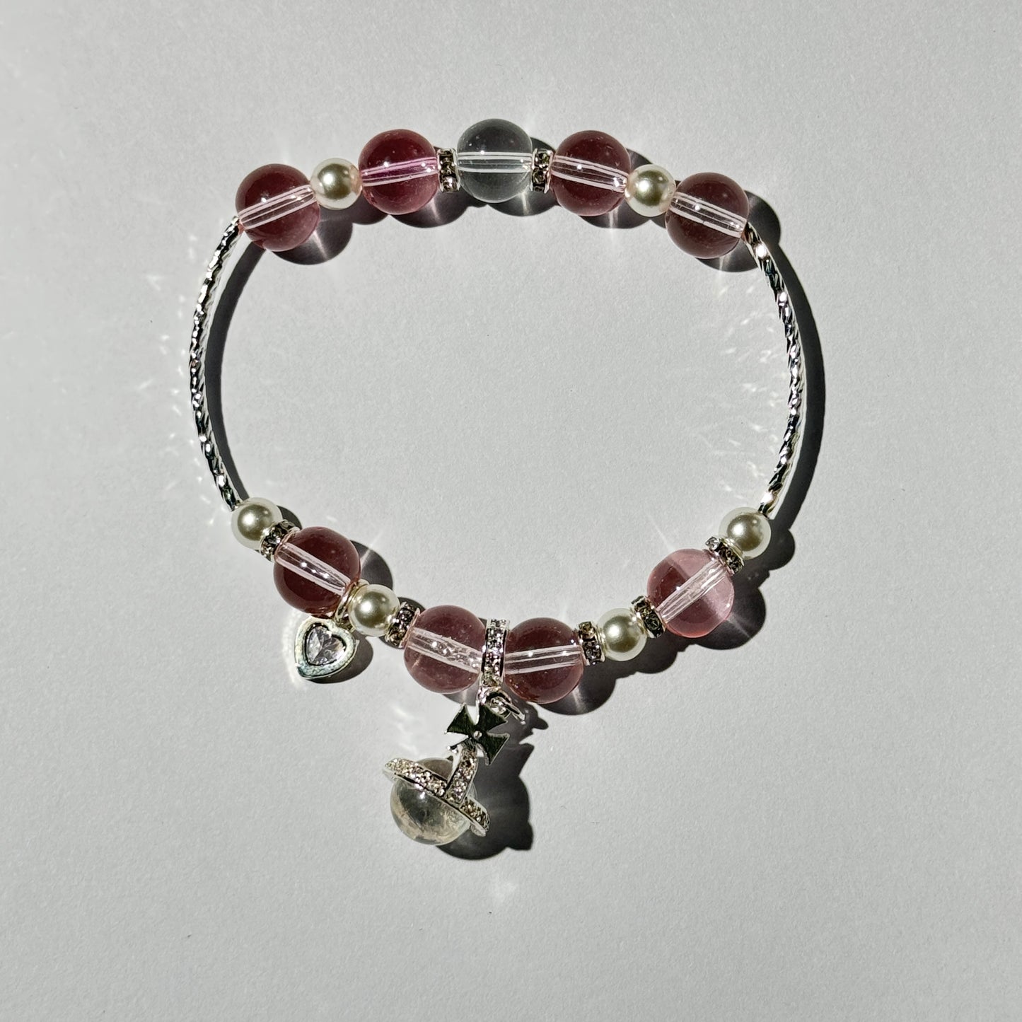Heart's Crystal Whisper Bracelet – Mixed Gemstone & Pearl Bangle with Silver-Tone Charms