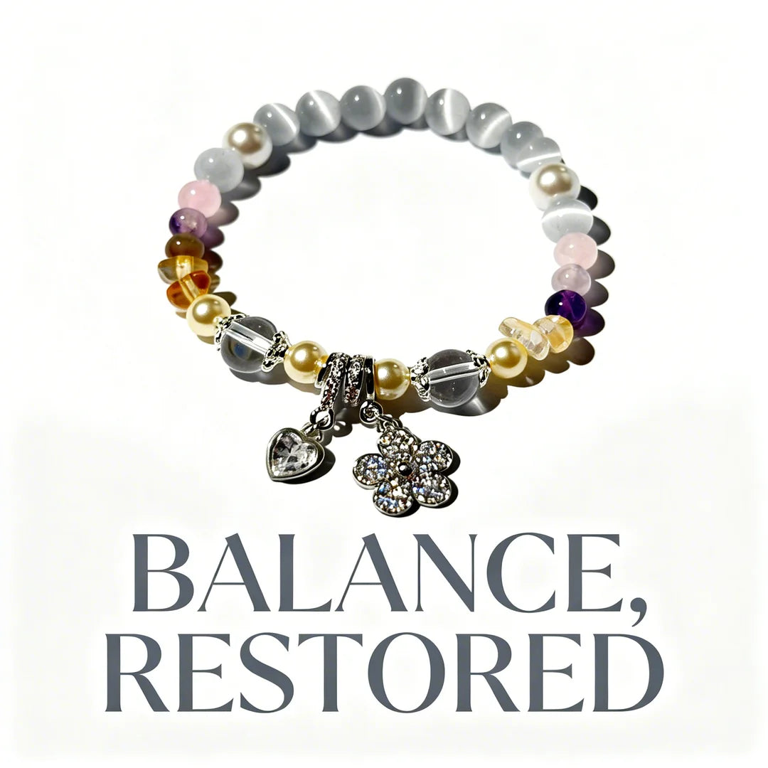 Radiant Cat’s Eye & Pearl Bracelet with CZ Flower Charm – Multi-Gemstone Stretch Bracelet