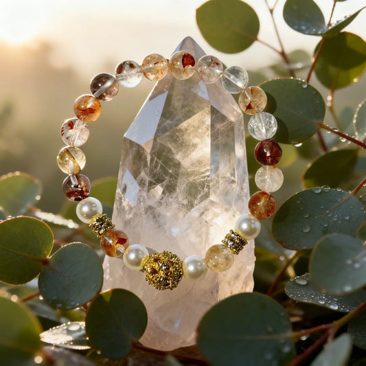 Amethyst & Pearl Energy Bracelet with Gold Sun Charm