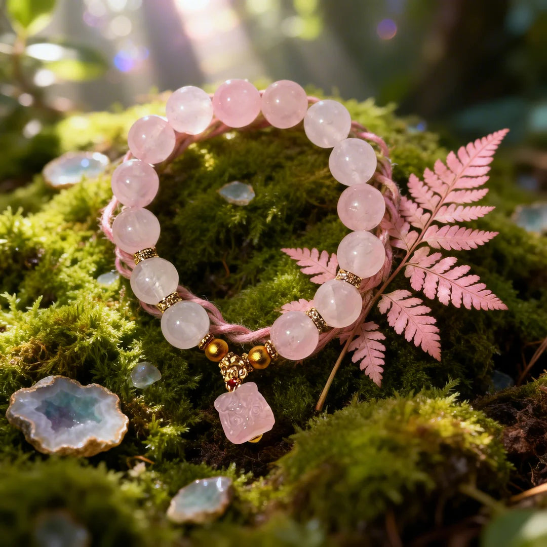 Rose Quartz Love & Luck Bracelet with Gold Beads & Charm