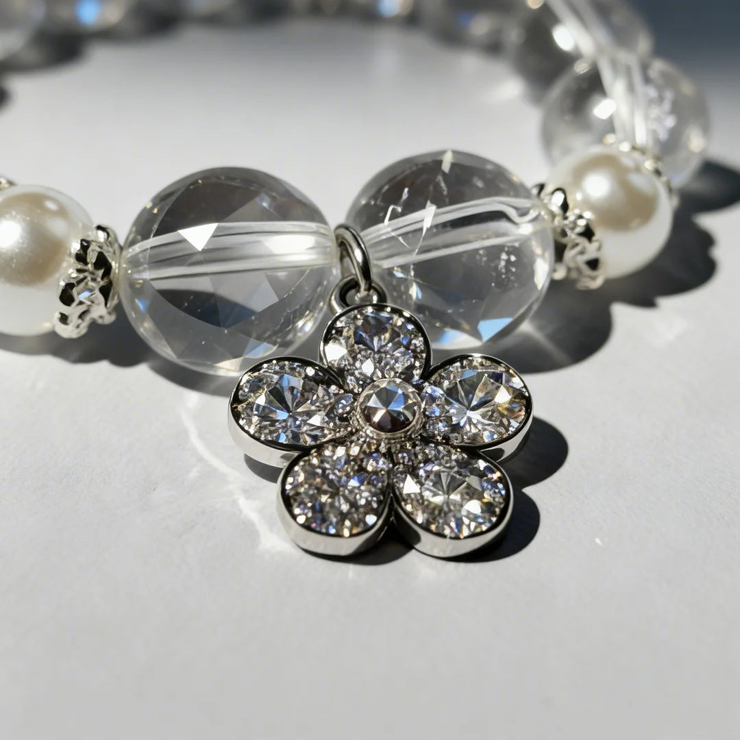 Pure Crystal & Pearl Flower Charm Bracelet - "Purity Captured" Delicate Healing Jewelry