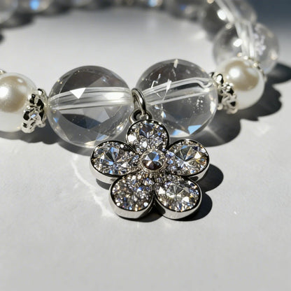 Pure Crystal & Pearl Flower Charm Bracelet - "Purity Captured" Delicate Healing Jewelry