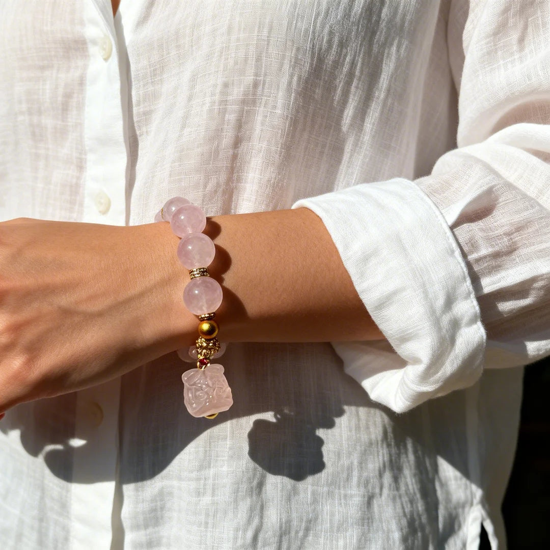 Rose Quartz Love & Luck Bracelet with Gold Beads & Charm