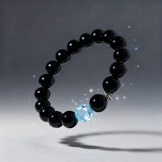 Black Onyx & Sky Blue Chalcedony Bracelet – Handmade Energy Protection Boho Jewelry