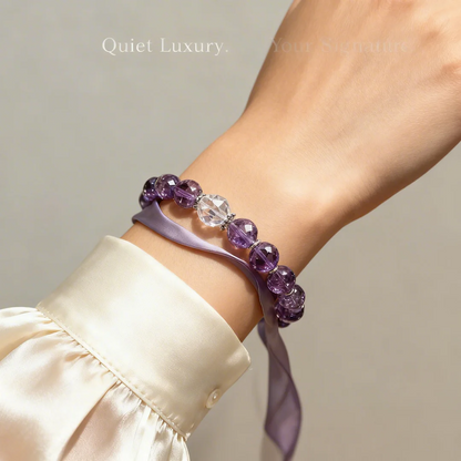 Quiet Luxury Silk Ribbon Bracelet with Faceted Amethyst & Clear Crystal Beads