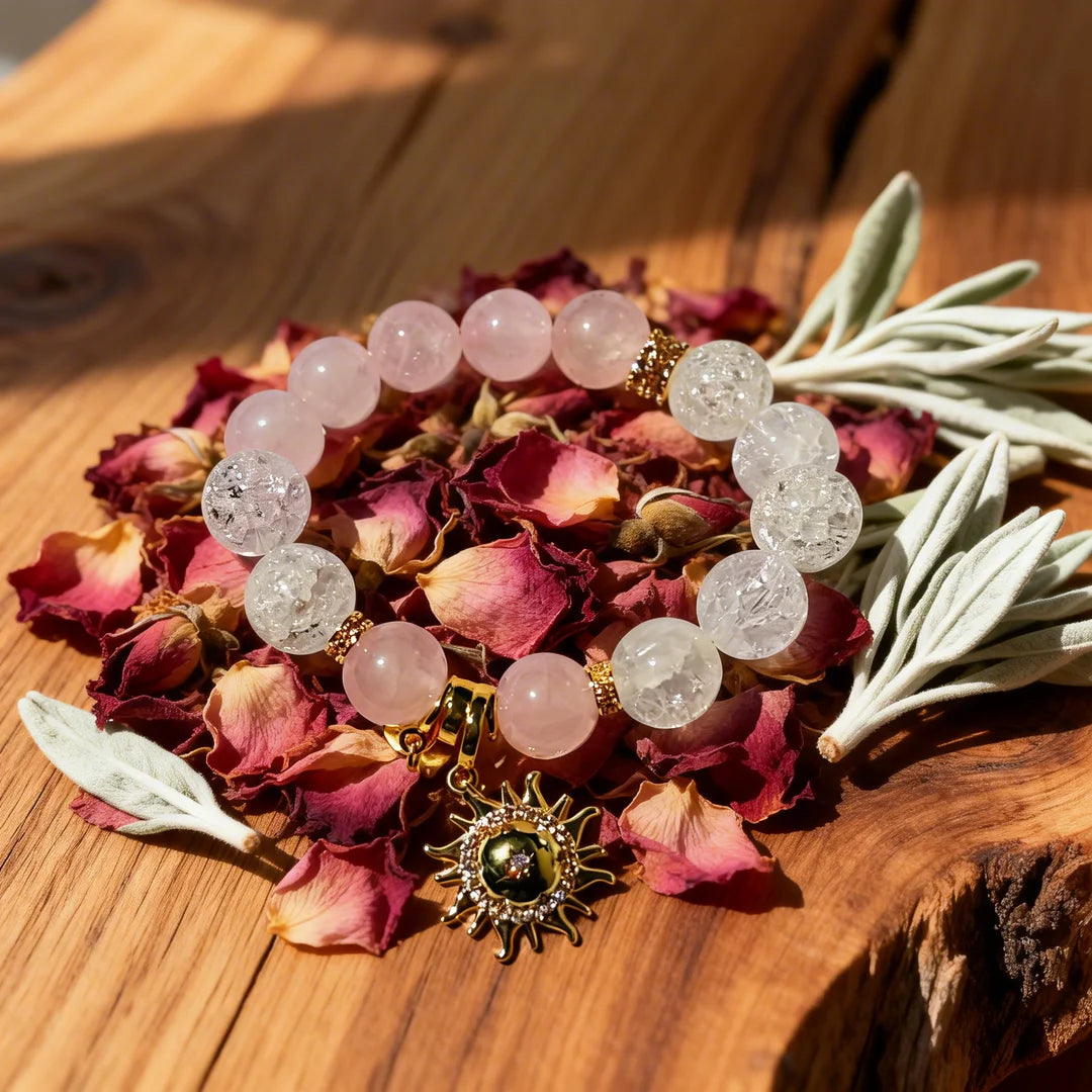 Rose Quartz & Crackle Crystal Sun Charm Bracelet – Love & Energy Healing Jewelry