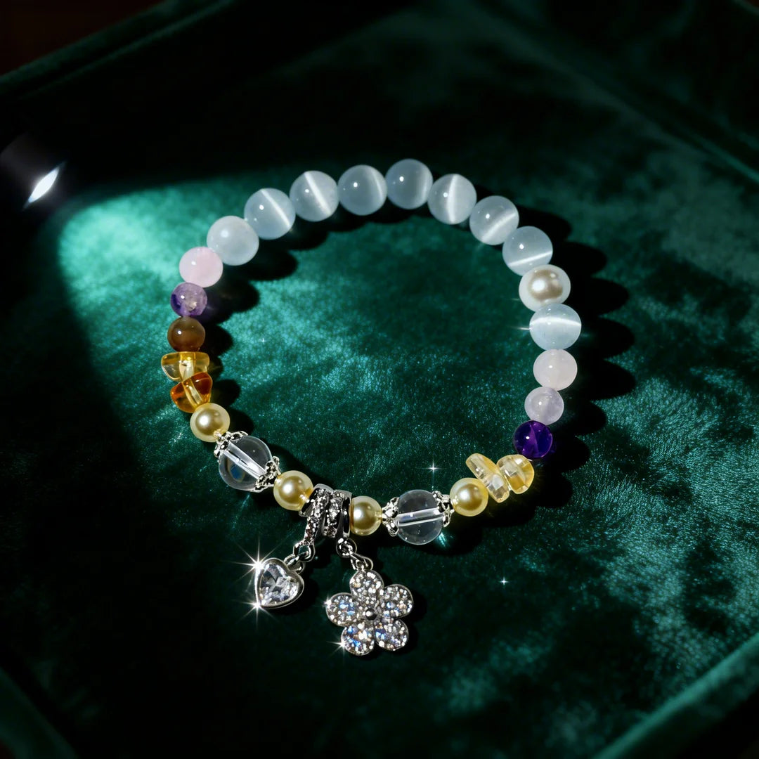Radiant Cat’s Eye & Pearl Bracelet with CZ Flower Charm – Multi-Gemstone Stretch Bracelet