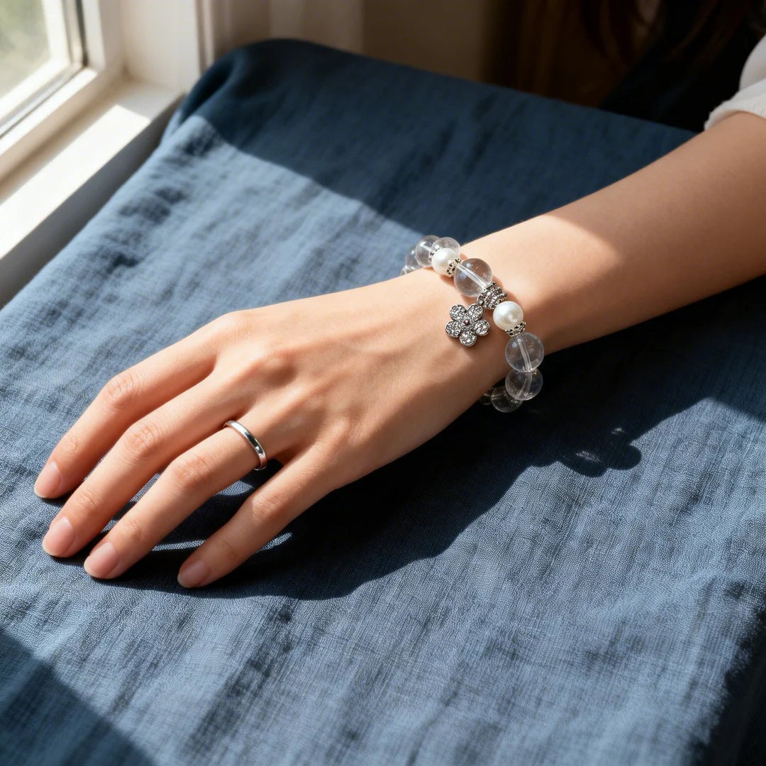 Pure Crystal & Pearl Flower Charm Bracelet - "Purity Captured" Delicate Healing Jewelry