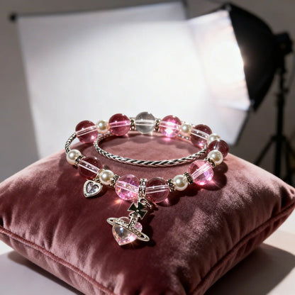 Heart's Crystal Whisper Bracelet – Mixed Gemstone & Pearl Bangle with Silver-Tone Charms
