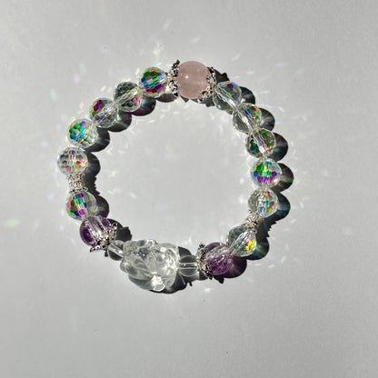 Rose Quartz & Clear Crystal Energy Bracelet with Floral Charm – Love & Clarity Healing Jewelry