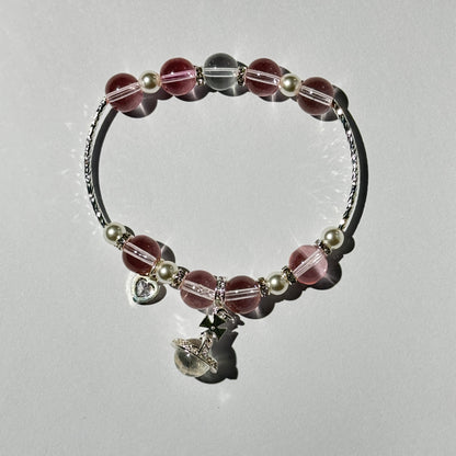 Heart's Crystal Whisper Bracelet – Mixed Gemstone & Pearl Bangle with Silver-Tone Charms