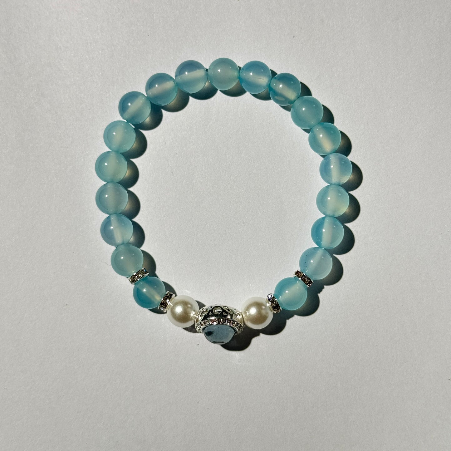 Serene Blue Chalcedony Bracelet with Pearl & Silver – Calming Crystal Energy Jewelry