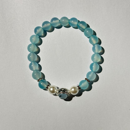 Serene Blue Chalcedony Bracelet with Pearl & Silver – Calming Crystal Energy Jewelry