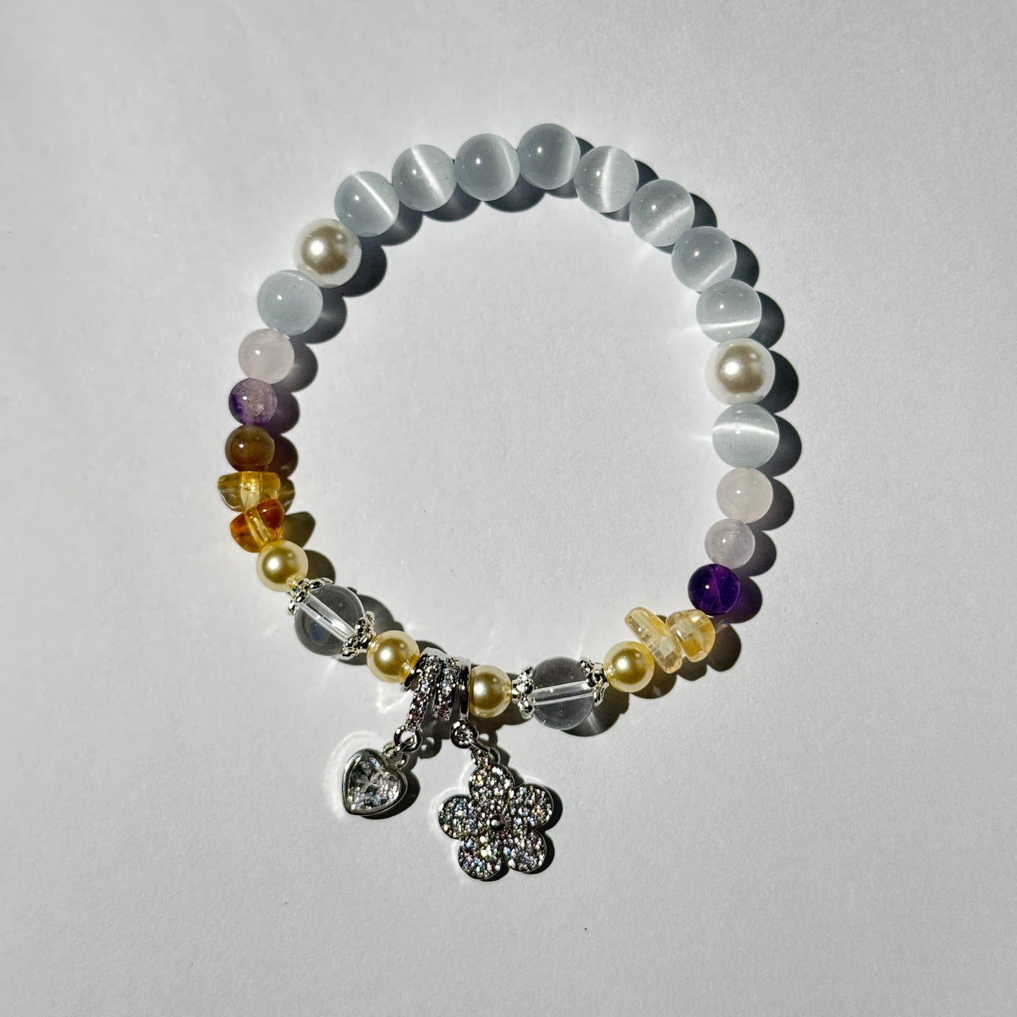 Radiant Cat’s Eye & Pearl Bracelet with CZ Flower Charm – Multi-Gemstone Stretch Bracelet