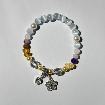 Radiant Cat’s Eye & Pearl Bracelet with CZ Flower Charm – Multi-Gemstone Stretch Bracelet