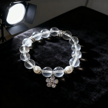 Pure Crystal & Pearl Flower Charm Bracelet - "Purity Captured" Delicate Healing Jewelry
