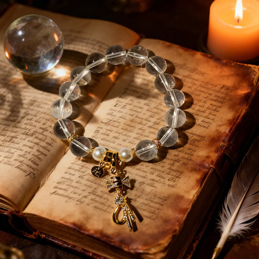 Clear Quartz & Pearl Bracelet with Gold Charms – Positive Energy & Elegant Style