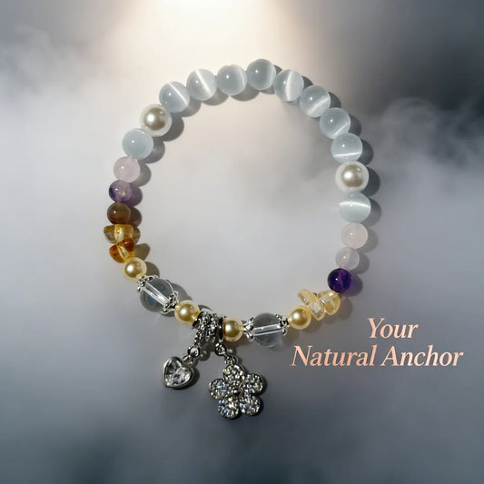 Radiant Cat’s Eye & Pearl Bracelet with CZ Flower Charm – Multi-Gemstone Stretch Bracelet