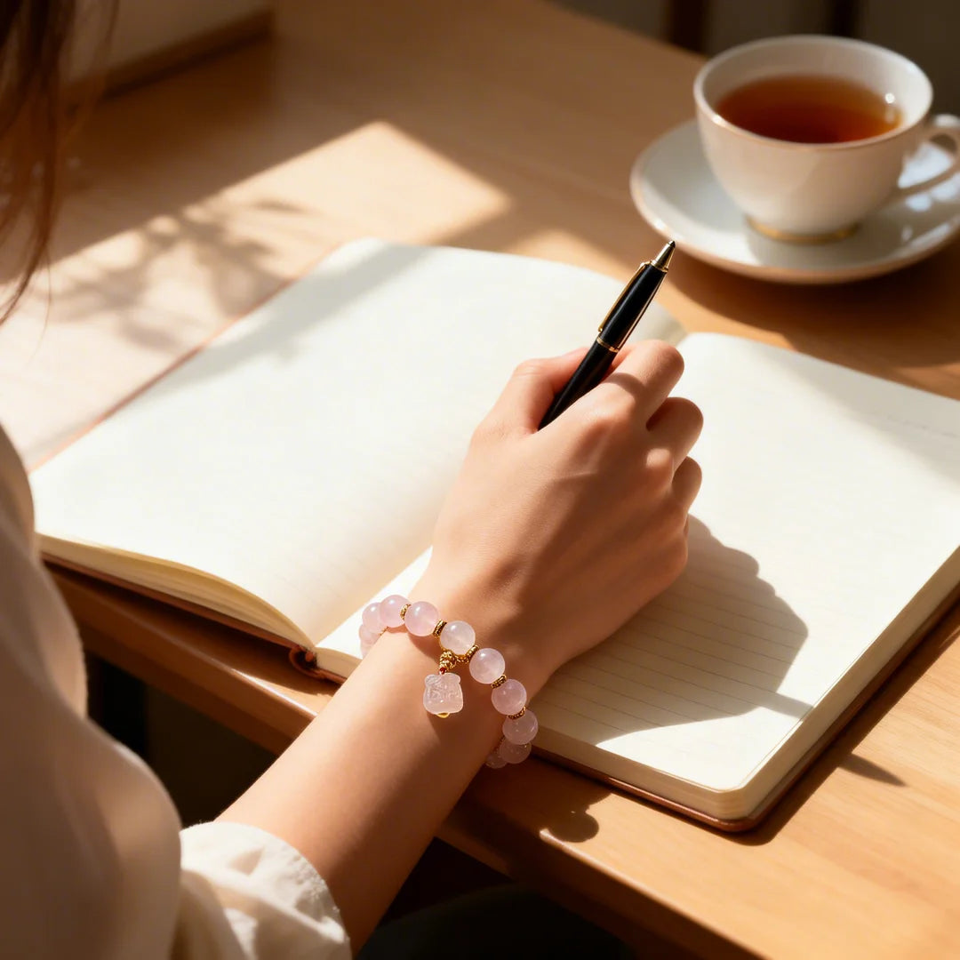 Rose Quartz Love & Luck Bracelet with Gold Beads & Charm