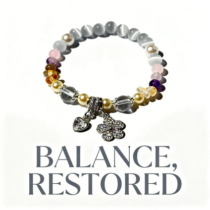 Radiant Cat’s Eye & Pearl Bracelet with CZ Flower Charm – Multi-Gemstone Stretch Bracelet