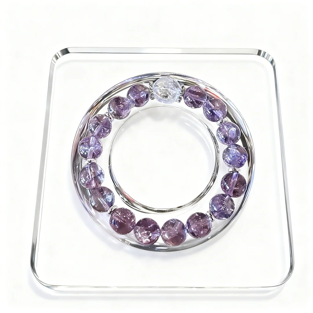 Quiet Luxury Silk Ribbon Bracelet with Faceted Amethyst & Clear Crystal Beads