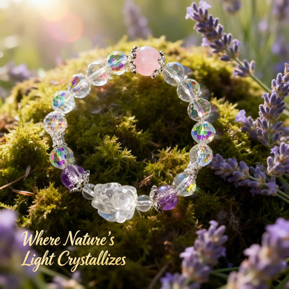 Rose Quartz & Clear Crystal Energy Bracelet with Floral Charm – Love & Clarity Healing Jewelry