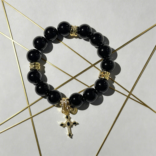 Black Agate & Crystal Cross Bracelet – Gold-Plated Spiritual Protection Jewelry