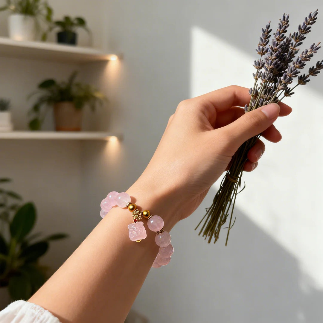 Rose Quartz Love & Luck Bracelet with Gold Beads & Charm