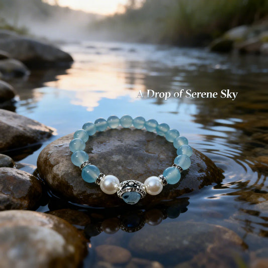 Serene Blue Chalcedony Bracelet with Pearl & Silver – Calming Crystal Energy Jewelry