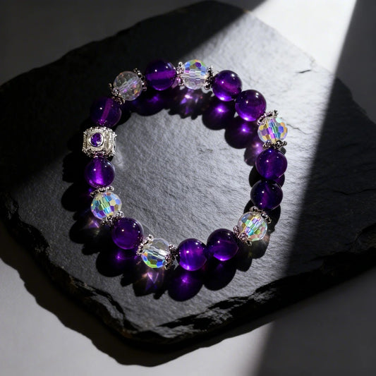 Faceted Amethyst & Crystal Stretch Bracelet with Silver Charm – Deep Purple Healing Jewelry