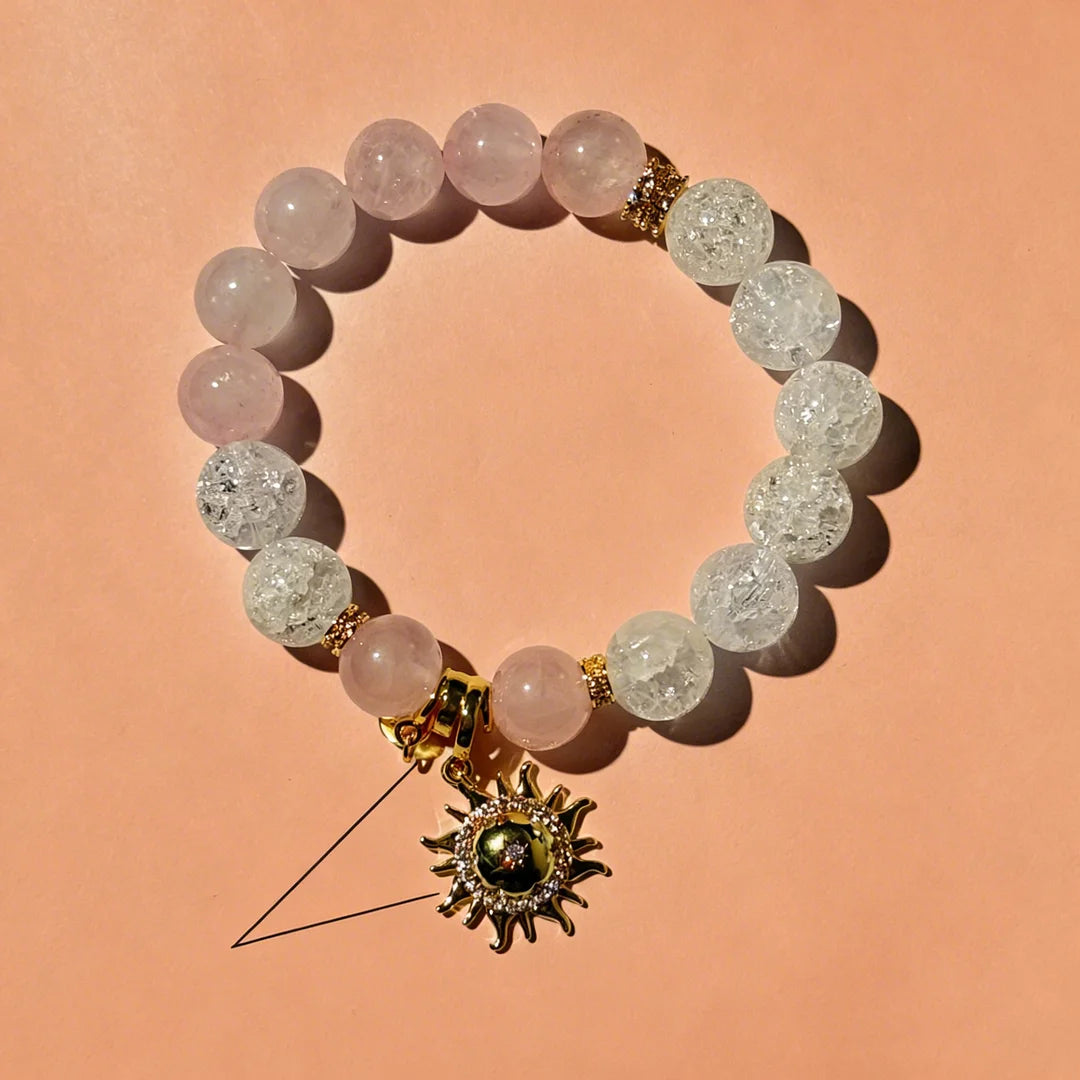 Rose Quartz & Crackle Crystal Sun Charm Bracelet – Love & Energy Healing Jewelry