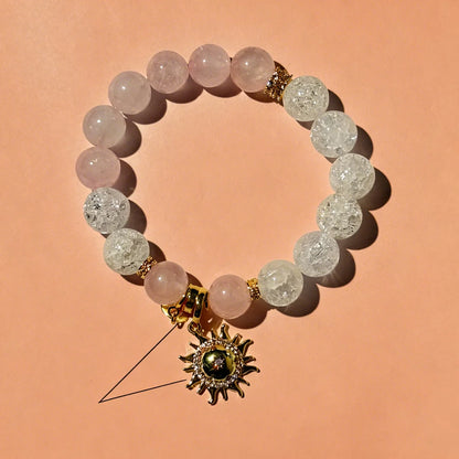Rose Quartz & Crackle Crystal Sun Charm Bracelet – Love & Energy Healing Jewelry
