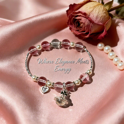 Heart's Crystal Whisper Bracelet – Mixed Gemstone & Pearl Bangle with Silver-Tone Charms