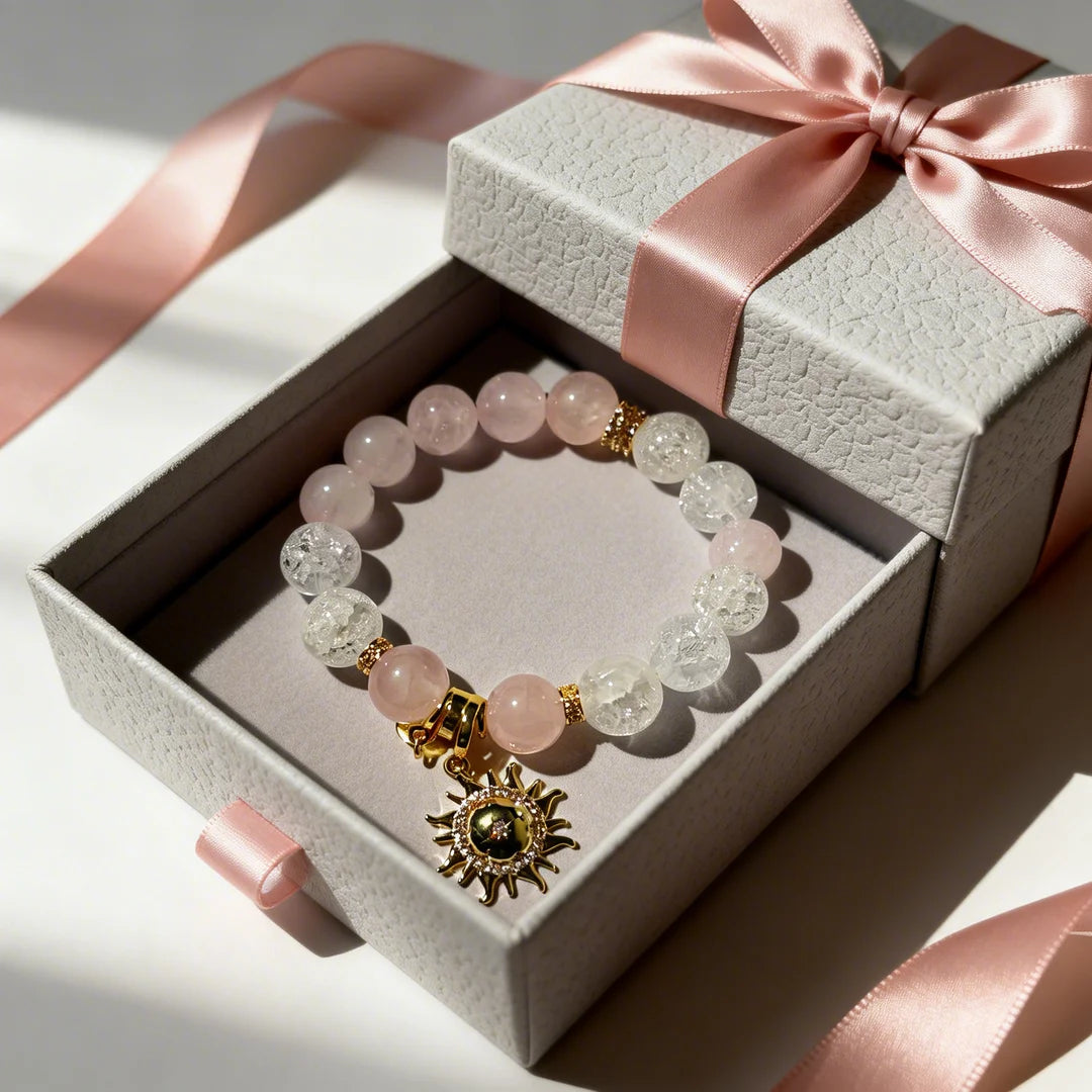 Rose Quartz & Crackle Crystal Sun Charm Bracelet – Love & Energy Healing Jewelry