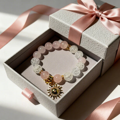 Rose Quartz & Crackle Crystal Sun Charm Bracelet – Love & Energy Healing Jewelry