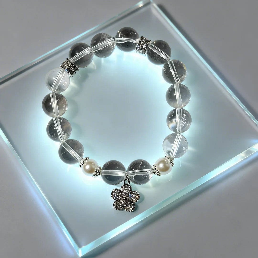 Pure Crystal & Pearl Flower Charm Bracelet - "Purity Captured" Delicate Healing Jewelry