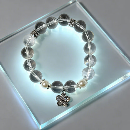 Pure Crystal & Pearl Flower Charm Bracelet - "Purity Captured" Delicate Healing Jewelry