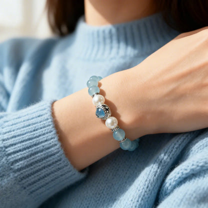 Serene Blue Chalcedony Bracelet with Pearl & Silver – Calming Crystal Energy Jewelry