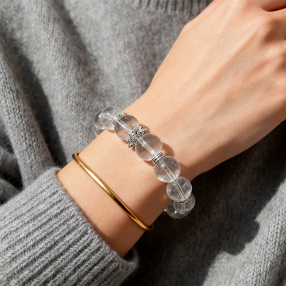 Pure Clear Quartz Energy Bracelet with Silver Charms – Genuine Crystal Healing Jewelry