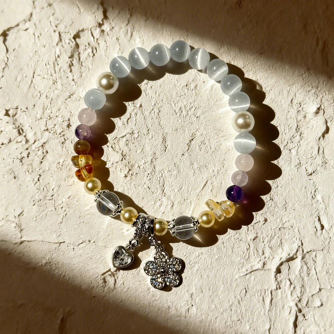 Radiant Cat’s Eye & Pearl Bracelet with CZ Flower Charm – Multi-Gemstone Stretch Bracelet