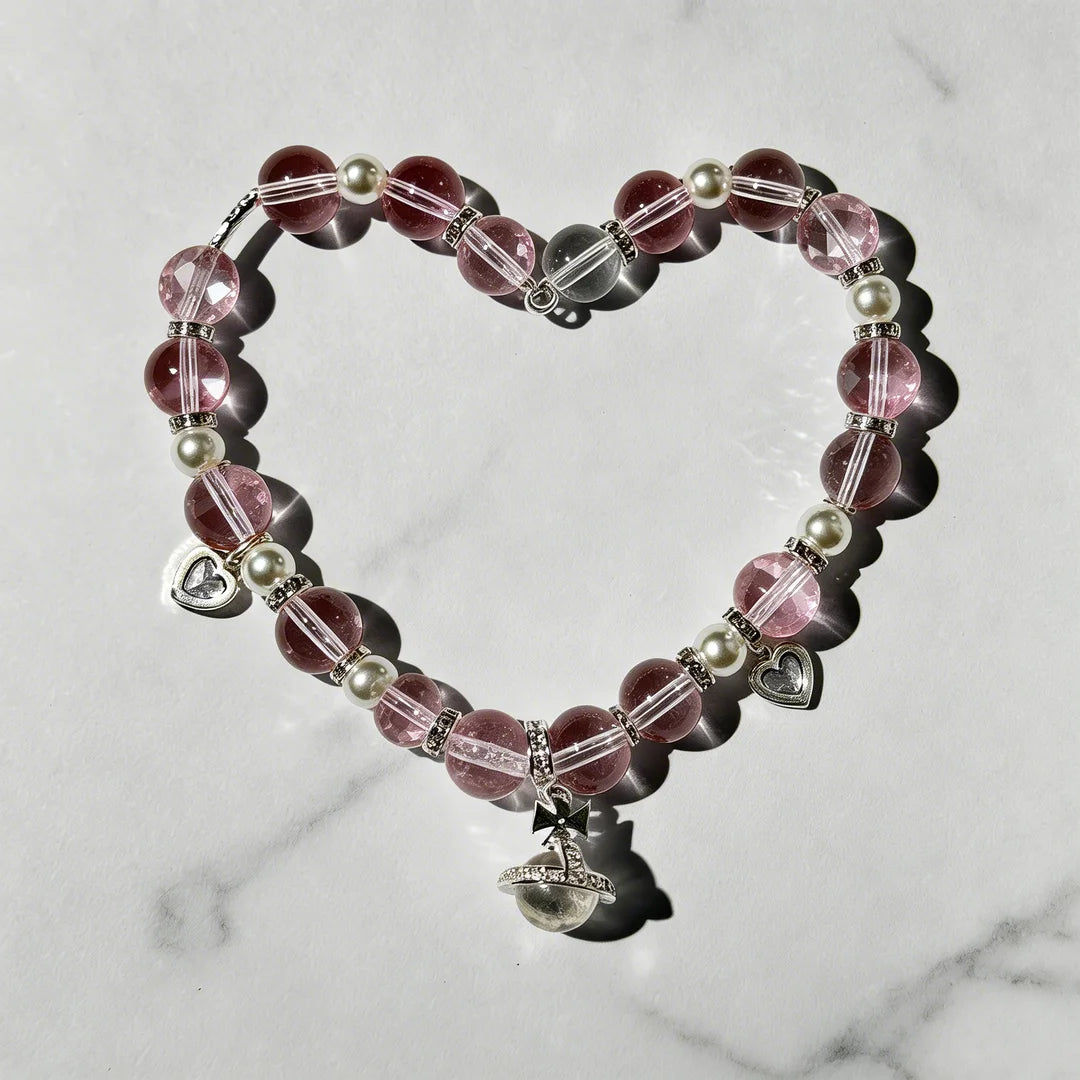 Heart's Crystal Whisper Bracelet – Mixed Gemstone & Pearl Bangle with Silver-Tone Charms