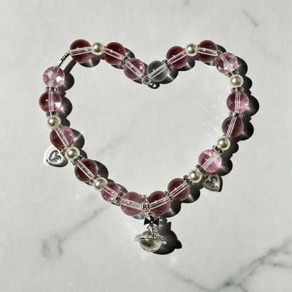 Heart's Crystal Whisper Bracelet – Mixed Gemstone & Pearl Bangle with Silver-Tone Charms