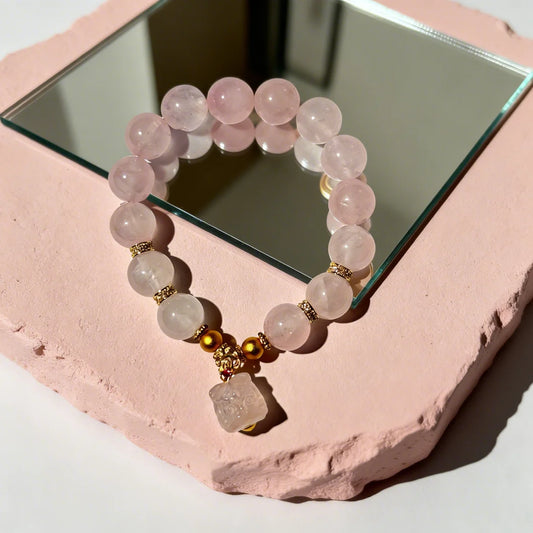 Rose Quartz Love & Luck Bracelet with Gold Beads & Charm