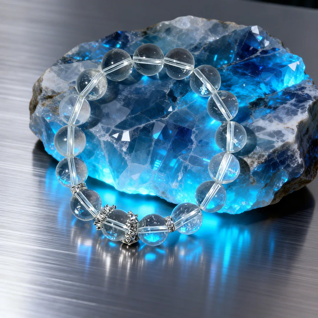 Pure Clear Quartz Energy Bracelet with Silver Charms – Genuine Crystal Healing Jewelry