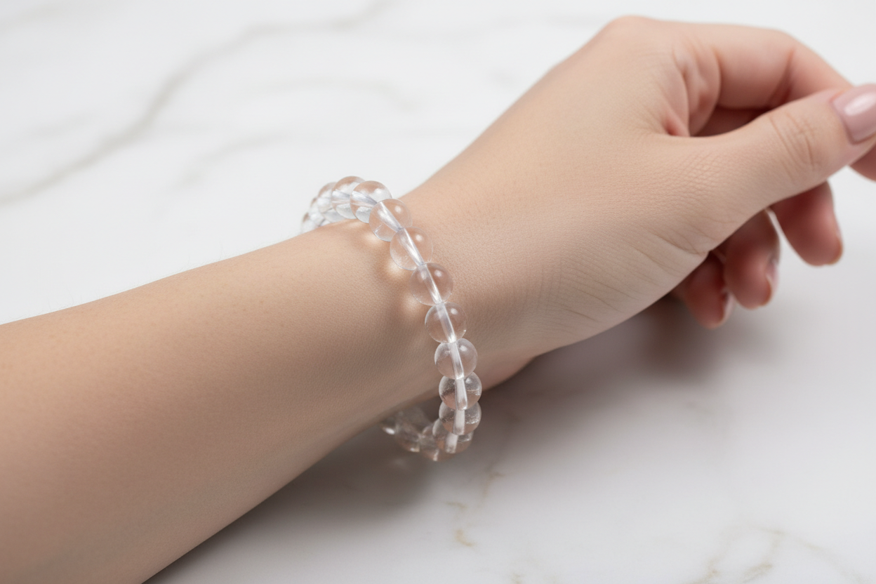 A stunning product photo of a clear quartz bead bracelet, elegantly worn on a slender female wrist with natural, manicured nails. The beads are highly translucent, perfectly spherical, and have a smooth, polished surface​ that catches soft light, creating subtle internal refractions. The bracelet lies gracefully against the skin.