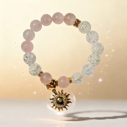 Rose Quartz & Crackle Crystal Sun Charm Bracelet – Love & Energy Healing Jewelry