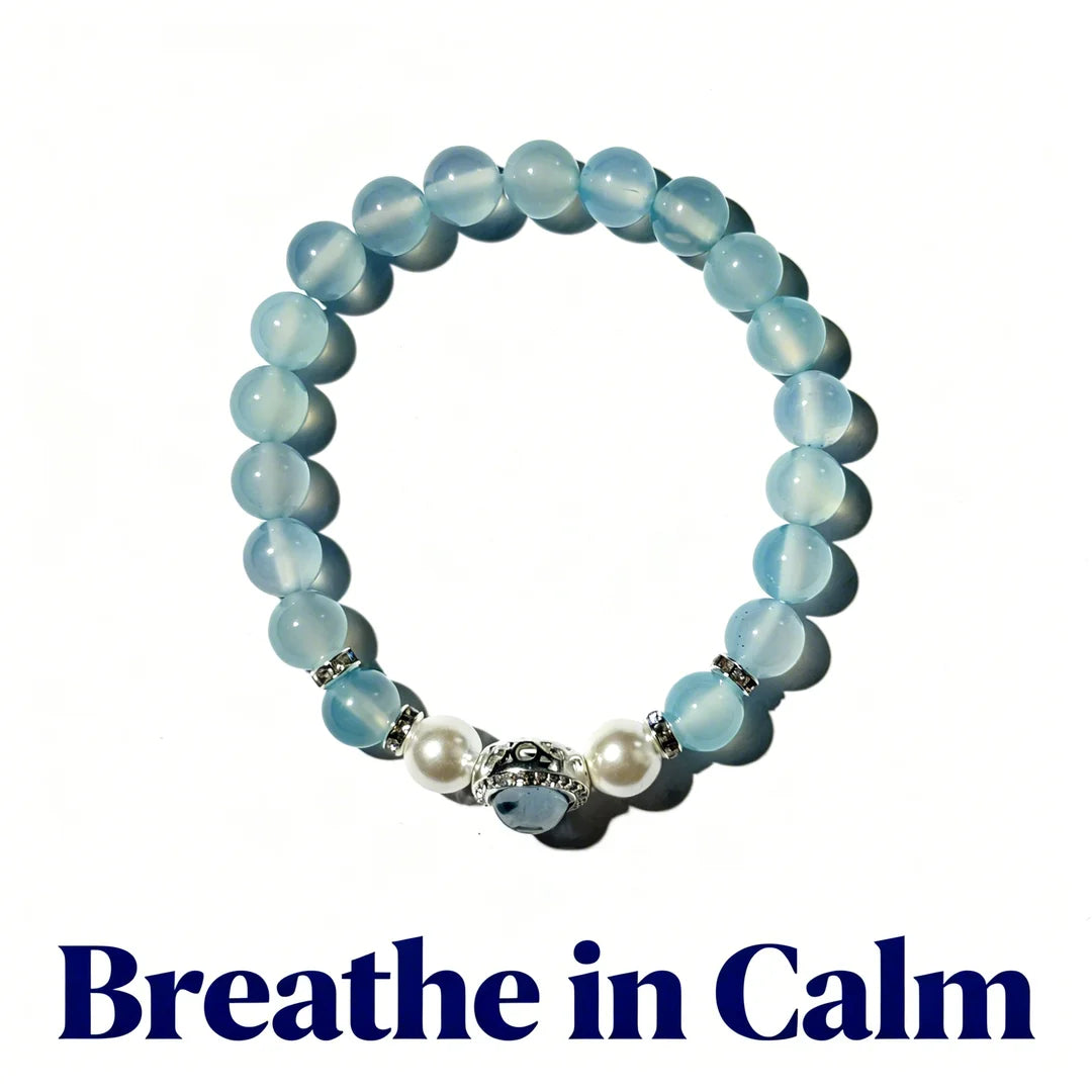 Serene Blue Chalcedony Bracelet with Pearl & Silver – Calming Crystal Energy Jewelry