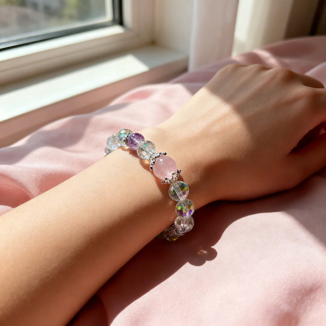 Rose Quartz & Clear Crystal Energy Bracelet with Floral Charm – Love & Clarity Healing Jewelry